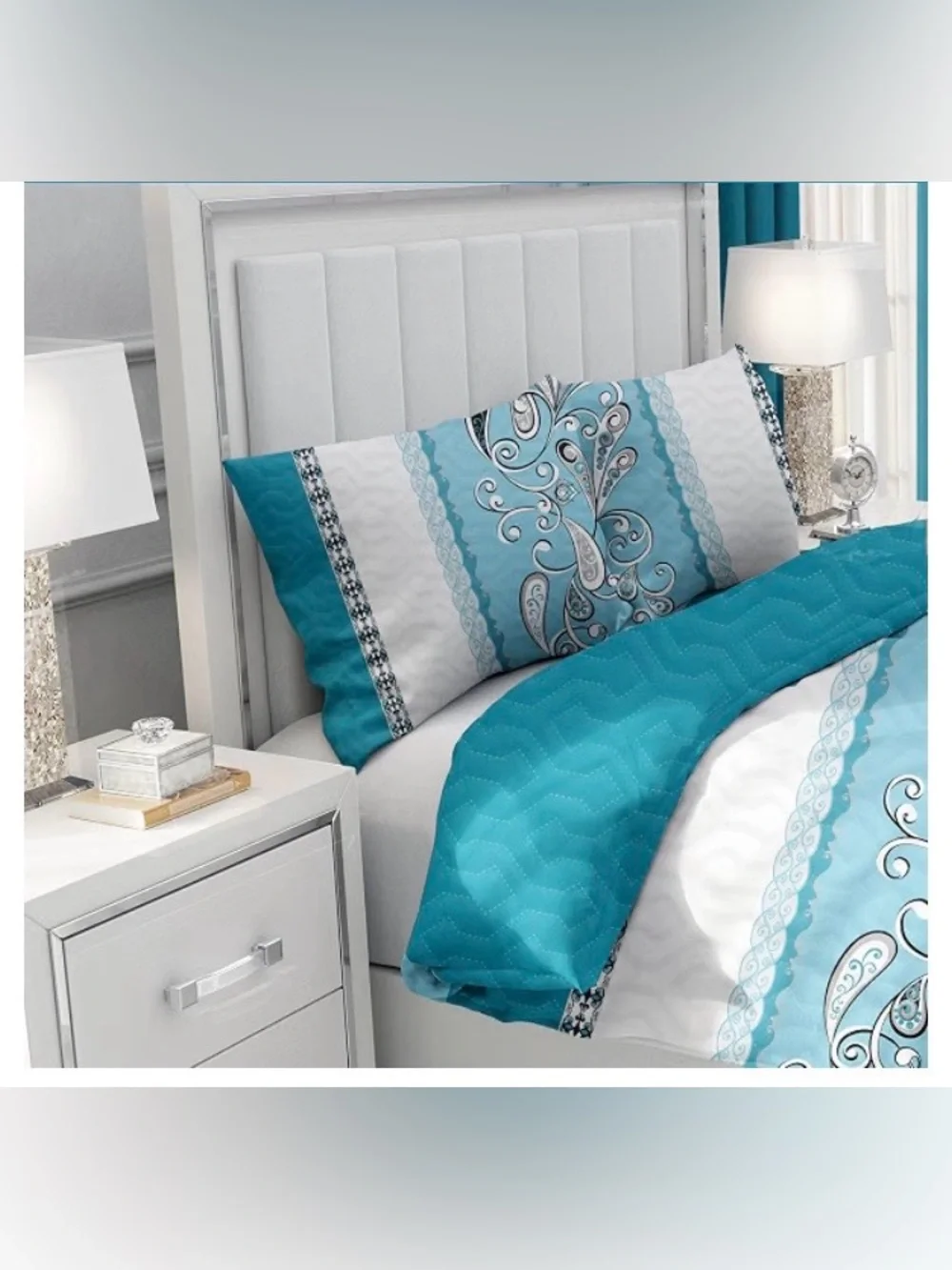 9 Pcs Queen Size Blue Bedspread Set with Curtains, Boho Blue Stripe Bed in A Bag